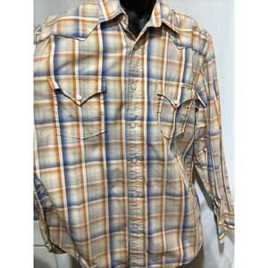 Lucky Brand Western Pearl Snap Shirt XL  Light Brown & Blue Plaid  Excellent